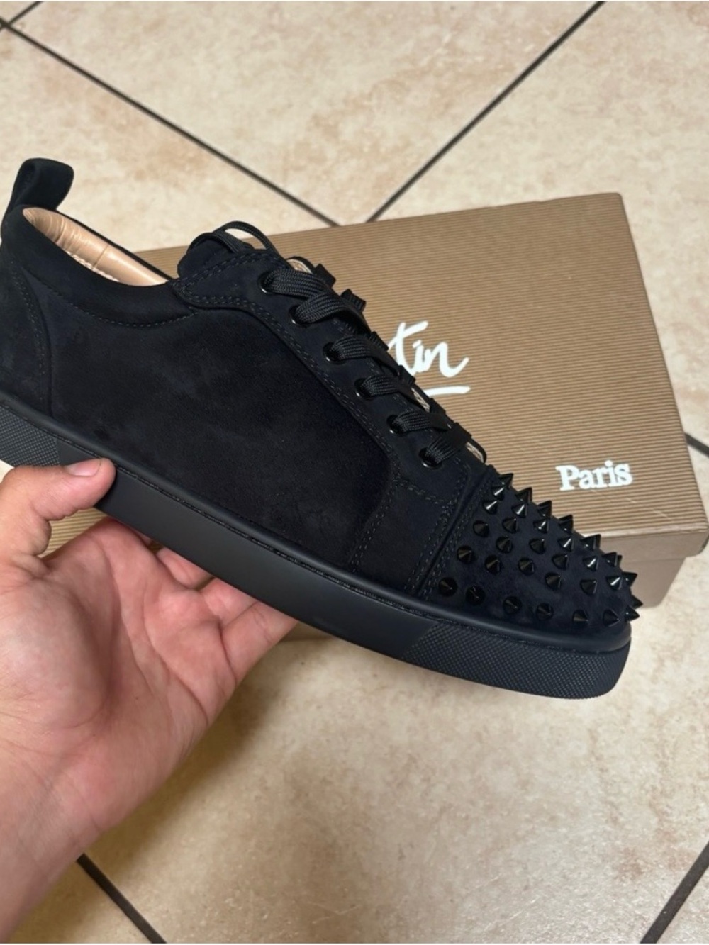 Christian Louboutin Men's Black Suede Spike Toe Low-Top Sneaker